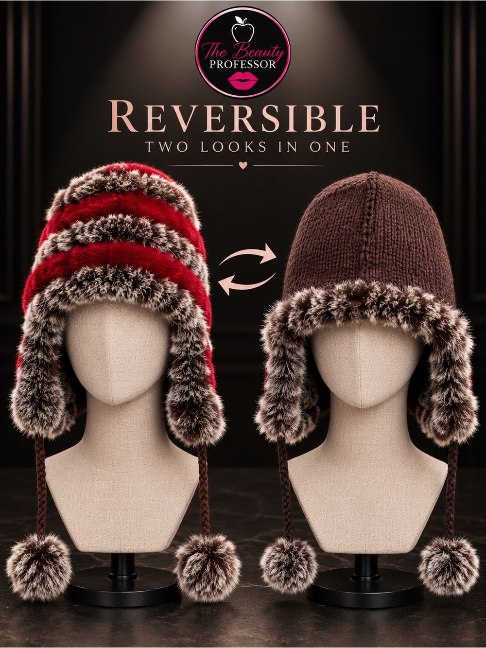 ๐ Real Rex Rabbit Fur Reversible Trapper Hat Coffee Red One Size - Picture 3 of 8